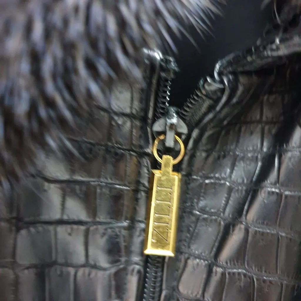 ZILLI Crocodile Print Lambskin Leather Lined Jacket Size 58 Pre-owned Black Leather Good - Back View