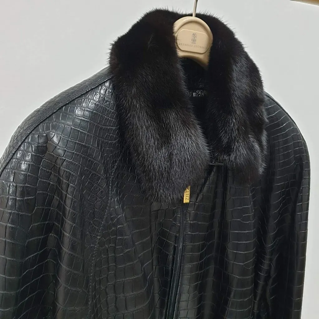 ZILLI Crocodile Print Lambskin Leather Lined Jacket Size 58 Pre-owned Black Leather Good - Inside View