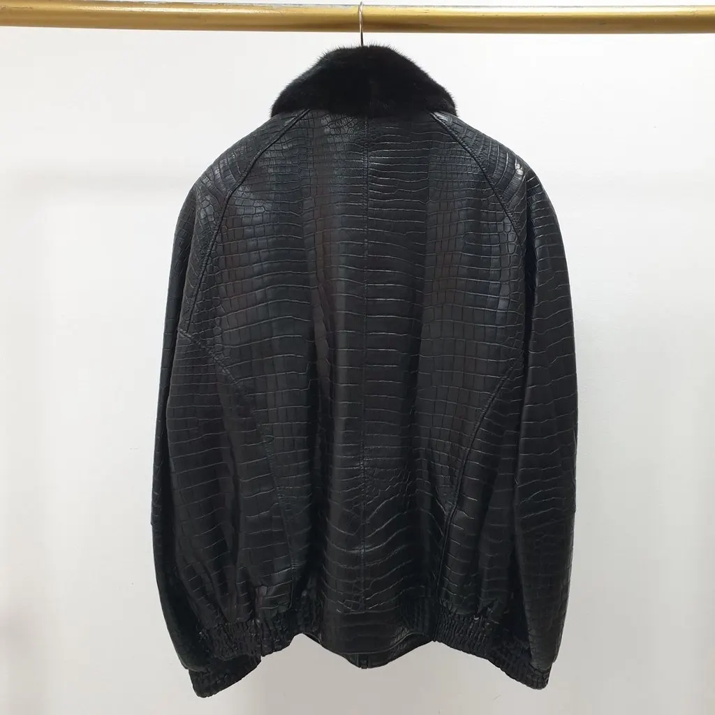 ZILLI Crocodile Print Lambskin Leather Lined Jacket Size 58 Pre-owned Black Leather Good - Box View
