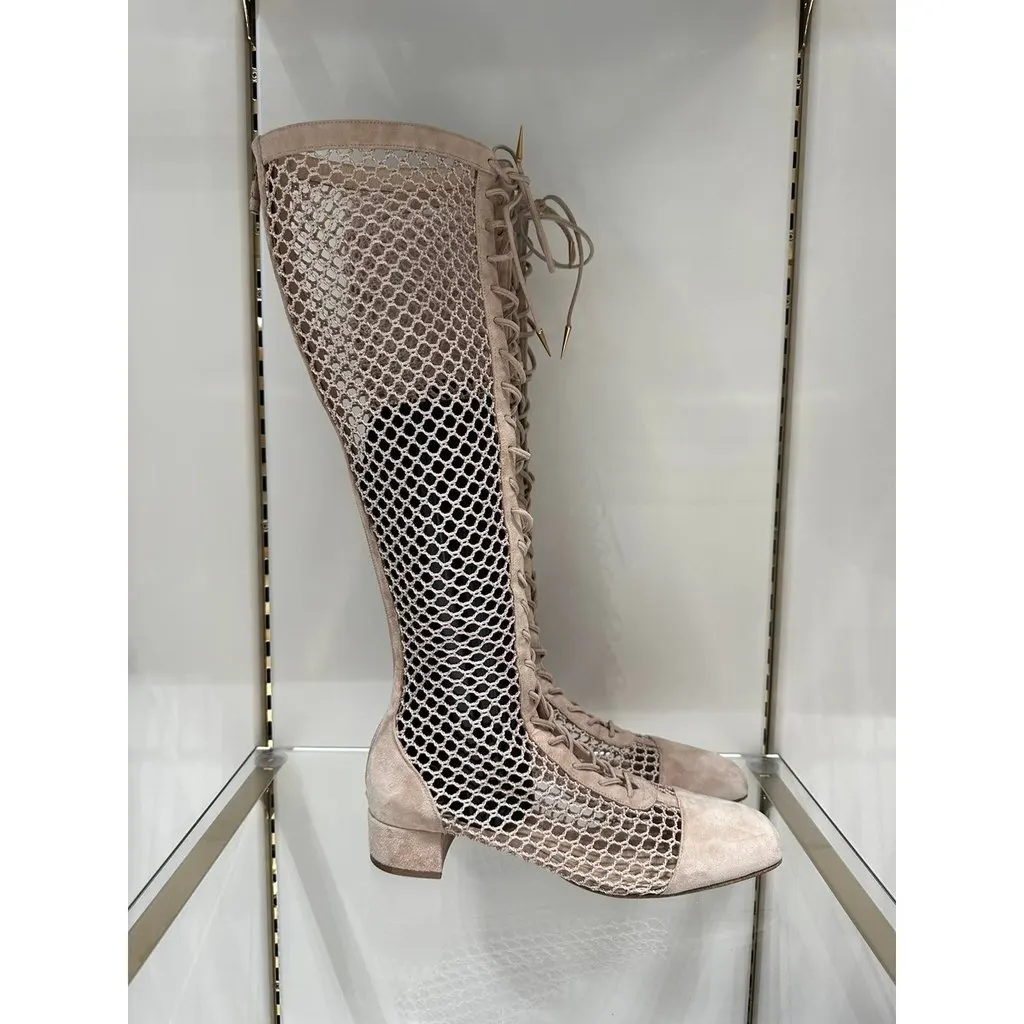 Dior Christian Dior Beige Resille Naughtily-D Lace-Up Over-The-Knee Boots - Size 40 Pre-owned Beige Lace Good - Back View