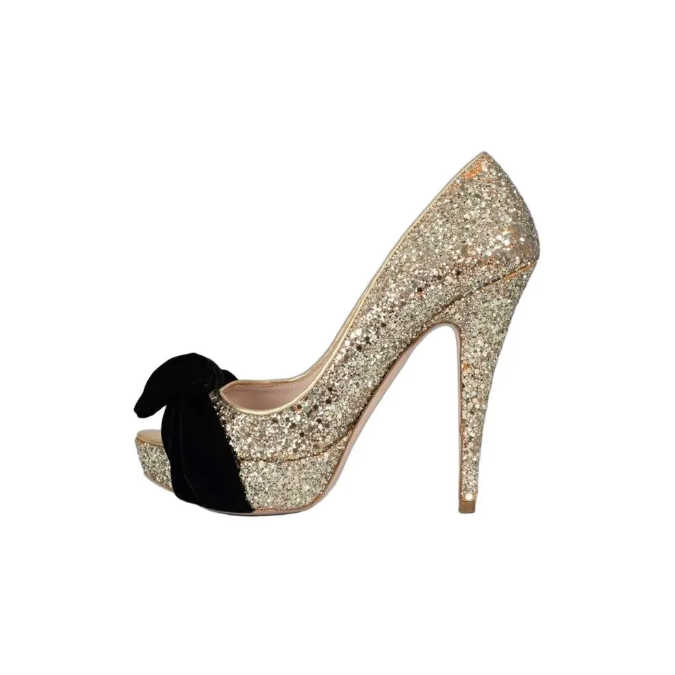 Miu Miu Gold Leather Peep-Toe Heels with Velvet Bow Sz.38 pre-owned Gold Leather Good - Front View