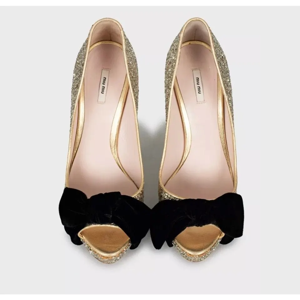 Miu Miu Gold Leather Peep-Toe Heels with Velvet Bow Sz.38 pre-owned Gold Leather Good - Back View