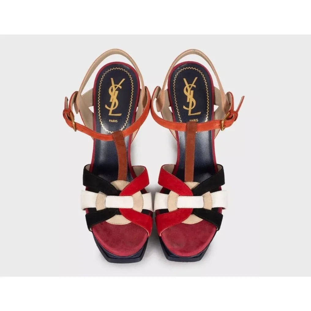 Saint Laurent Two-Tone Suede Sandals - Size 38 pre-owned Red Suede Good - Back View