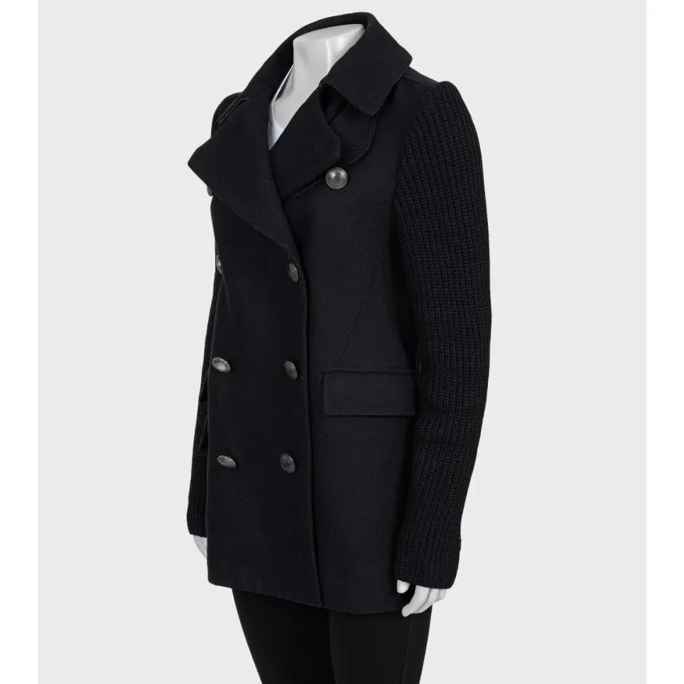 Burberry Burberry Brit Black Wool Coat with Knit Sleeves - Size M Pre-owned Black Wool Good - Back View
