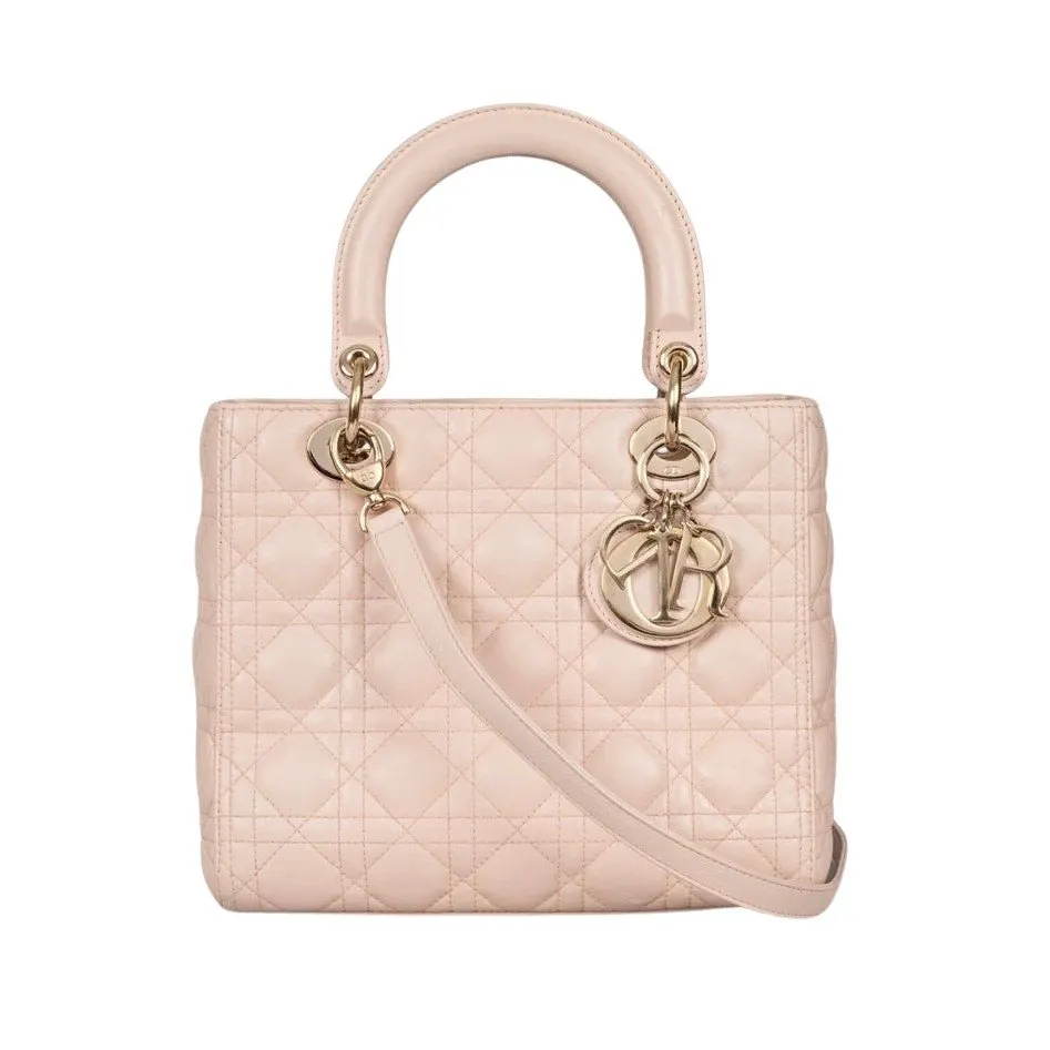 Dior Lady Dior Medium Pink Leather Handbag Pre-owned Pink Leather Good - Front View