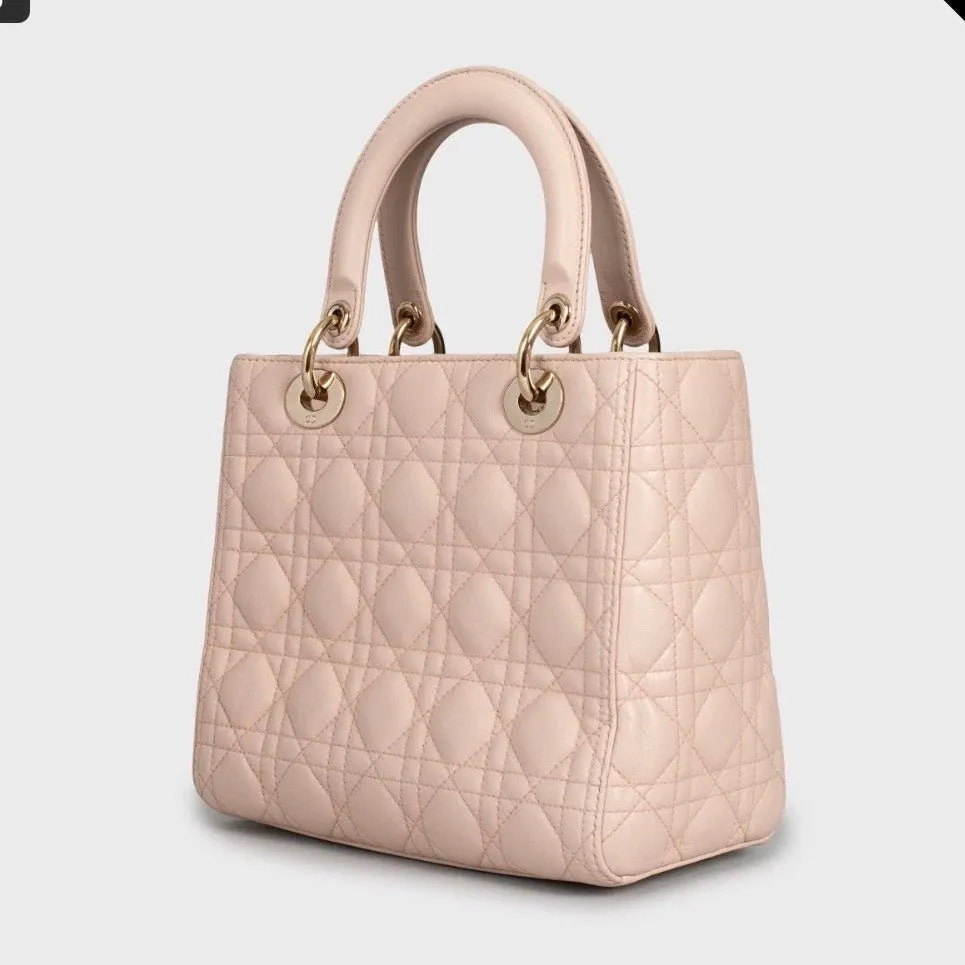 Dior Lady Dior Medium Pink Leather Handbag Pre-owned Pink Leather Good - Back View