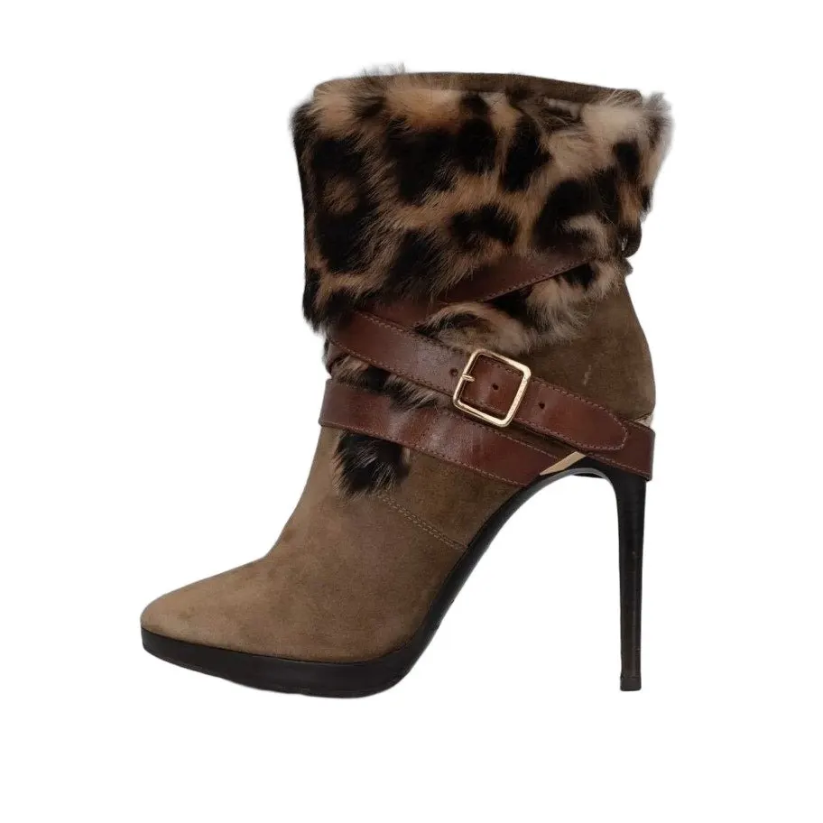 Burberry Suede & faux Fur Trim Chic Stiletto Heels Ankle Boots Sz.38.5 Pre-owned Brown Suede Good - Front View