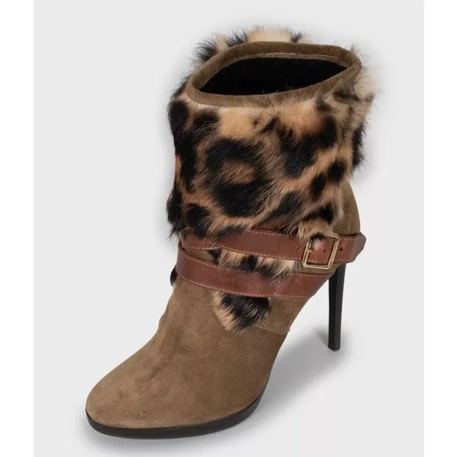 Burberry Suede & faux Fur Trim Chic Stiletto Heels Ankle Boots Sz.38.5 Pre-owned Brown Suede Good - Inside View