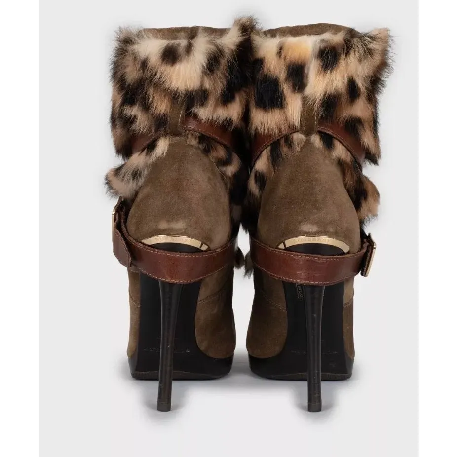 Burberry Suede & faux Fur Trim Chic Stiletto Heels Ankle Boots Sz.38.5 Pre-owned Brown Suede Good - Model View