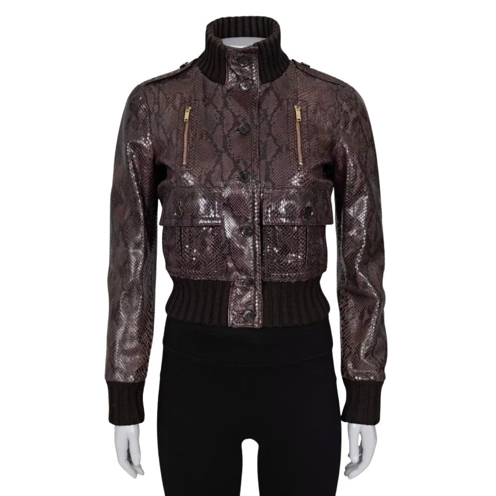 Gucci Python Print Lambskin Leather Jacket - IT 38 / XS pre-owned Brown Leather Good - Front View