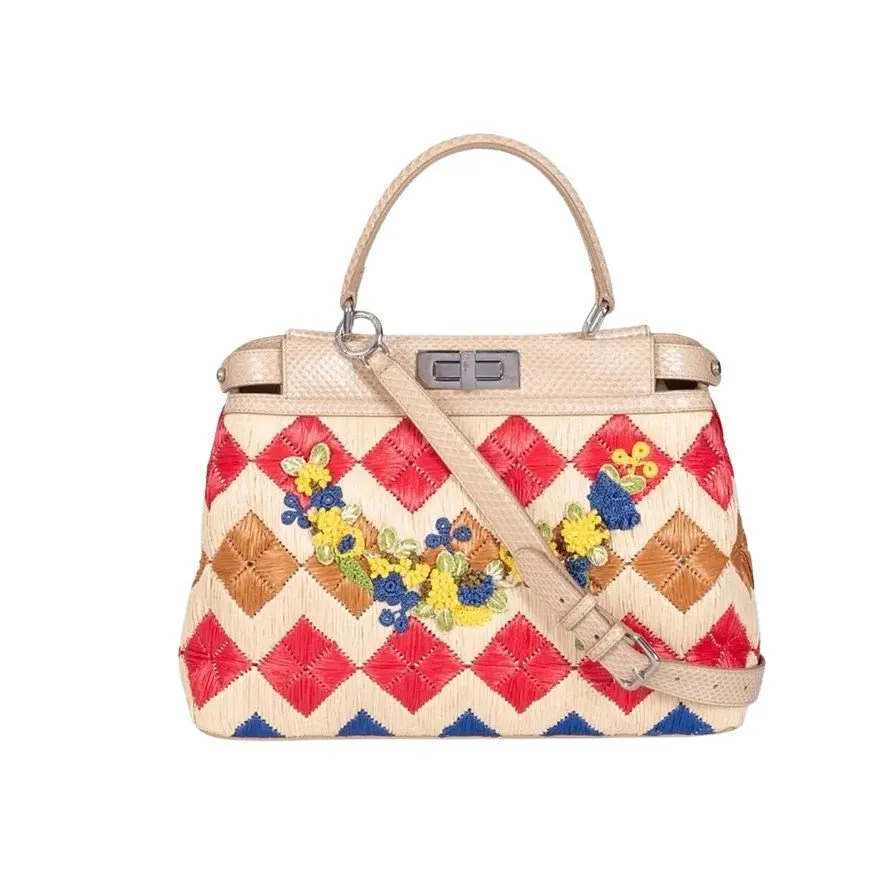 Fendi Chic Fendi Medium Raffia Peekaboo X-Tote Bag Pre-owned Silver Leather Good - Front View
