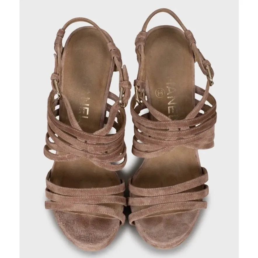 Chanel Chanel Brown Suede Block Heel Sandals Sz 36.5 pre-owned Brown Suede Good - Back View