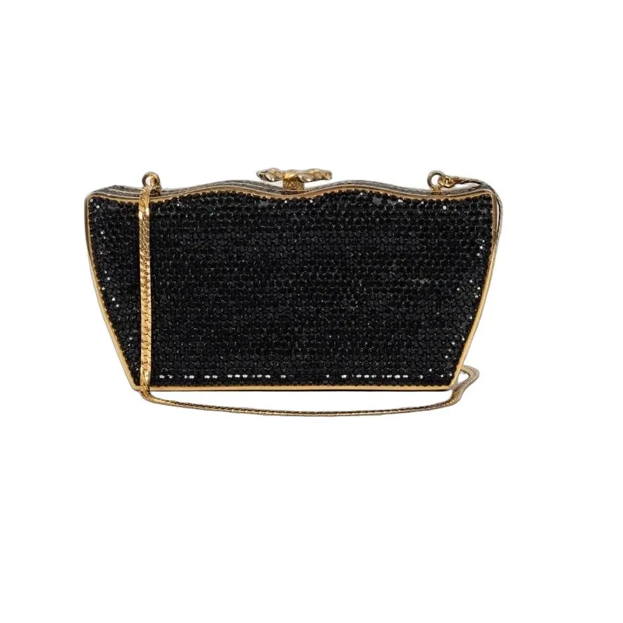 Judith Leiber Black Crystal-Embellished Evening Bag Pre-owned Black Suede Good - Front View