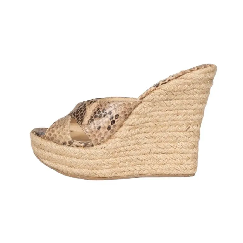 Jimmy Choo Jimmy Choo Animal Print Leather Wedge Sandals Sz.36 Pre-owned Beige Leather Good - Front View