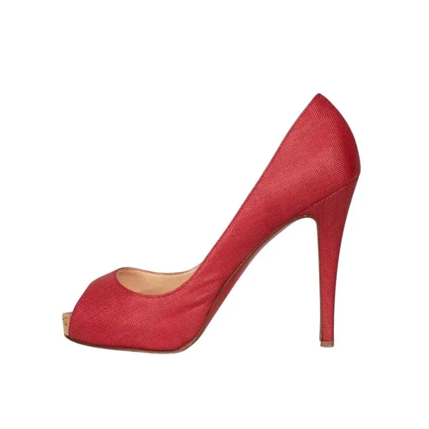 Christian Louboutin Red Open-Toe Textile Pumps 38.5 Pre-owned Red Leather Good - Front View