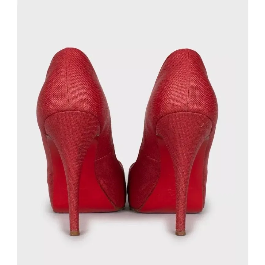 Christian Louboutin Red Open-Toe Textile Pumps 38.5 Pre-owned Red Leather Good - Box View