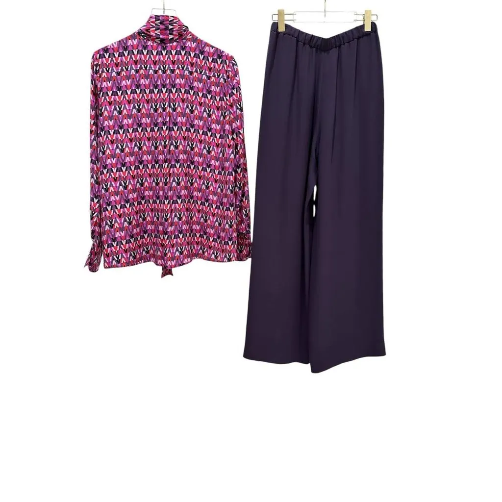 Valentino Silk Blouse Pants Set Suit - Women's Sz 40/42 Pre-owned Navy Silk Good - Front View