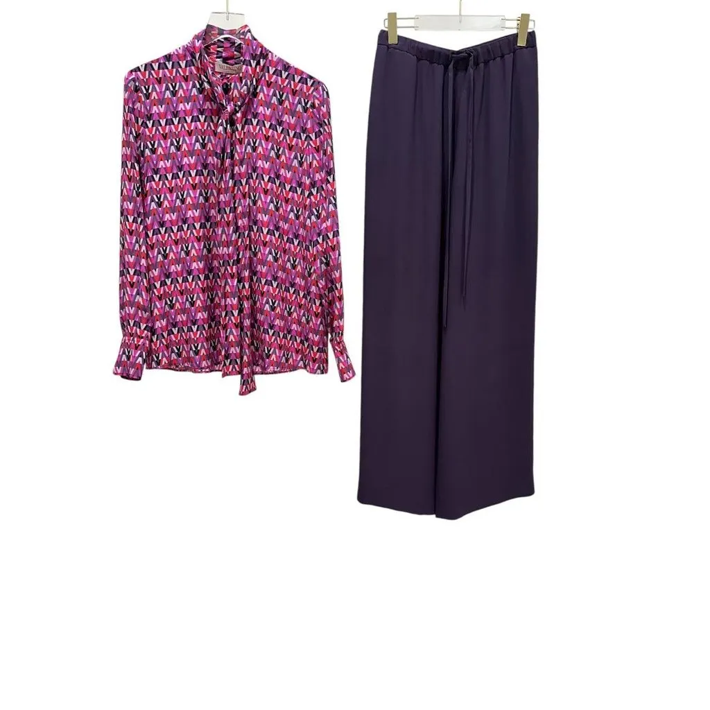 Valentino Silk Blouse Pants Set Suit - Women's Sz 40/42 Pre-owned Navy Silk Good - Back View