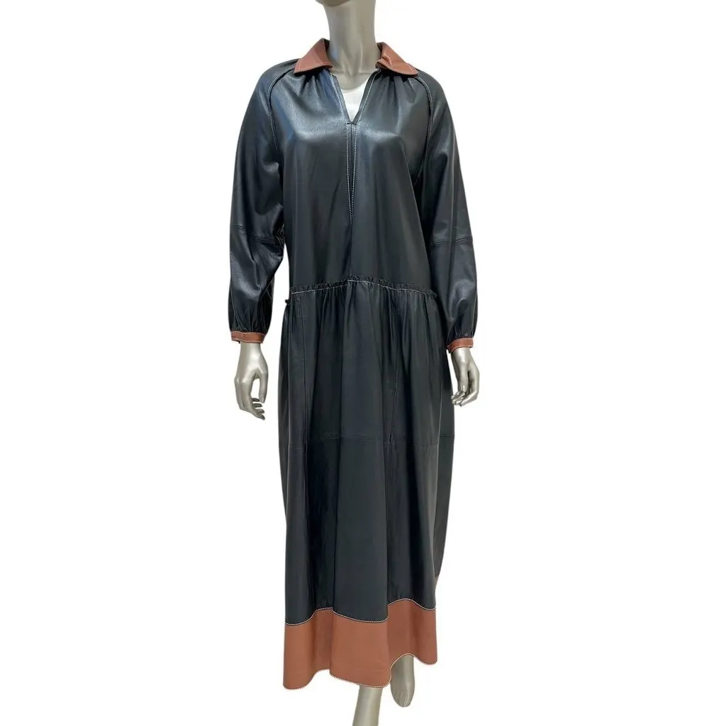 Unsigned Chic Stand Studio Gilda Two-Tone Leather Dress Sz 36 Pre-owned Navy Leather Good - Front View