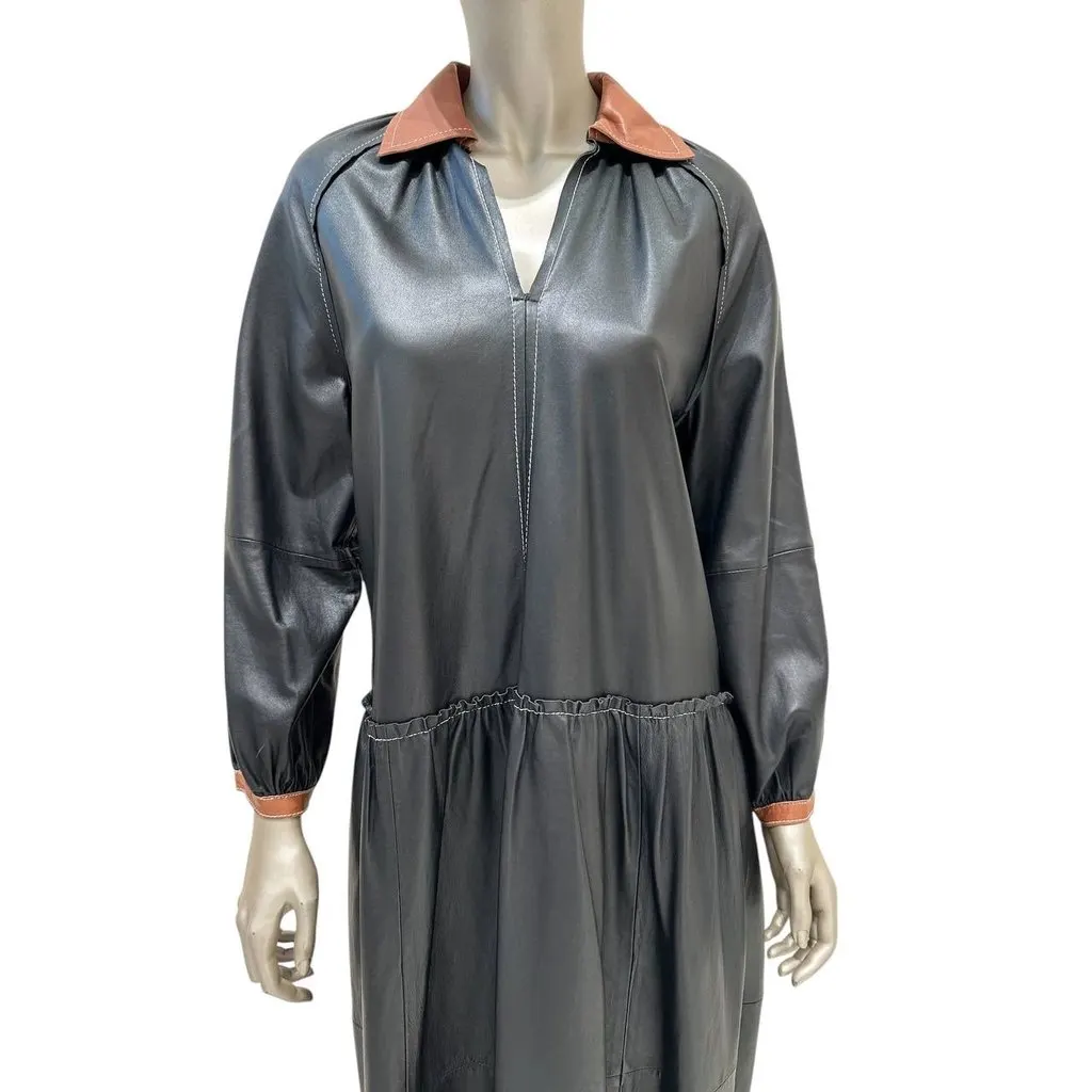 Unsigned Chic Stand Studio Gilda Two-Tone Leather Dress Sz 36 Pre-owned Navy Leather Good - Inside View