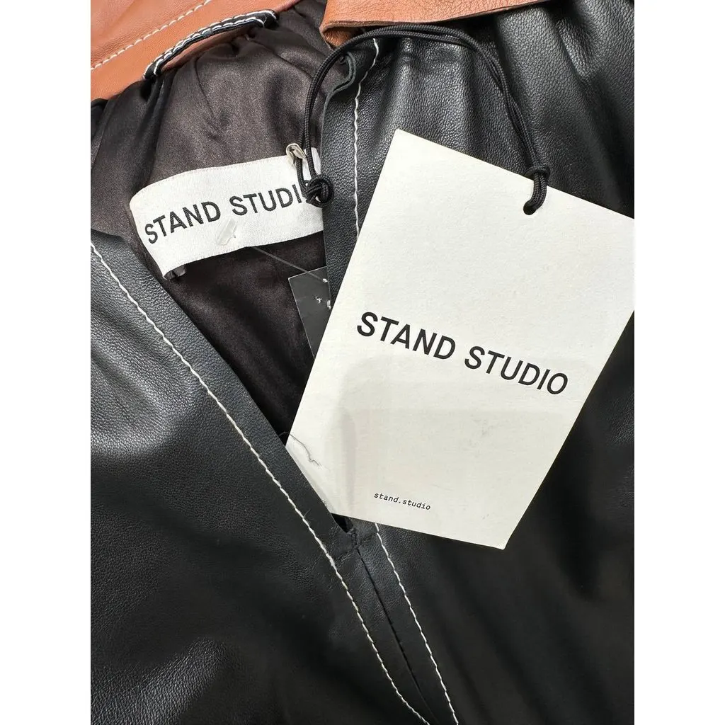 Unsigned Chic Stand Studio Gilda Two-Tone Leather Dress Sz 36 Pre-owned Navy Leather Good - Box View