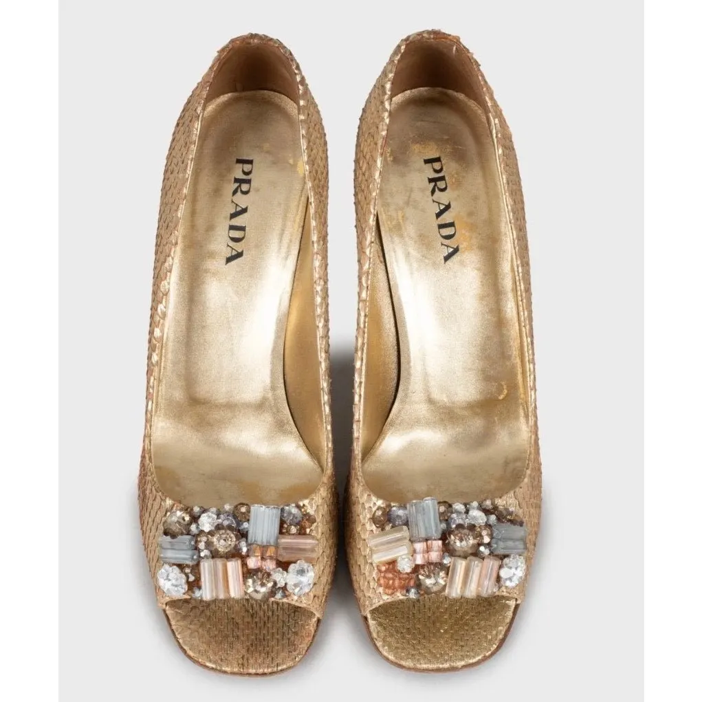 Prada Prada Gold Snakeskin Print Lambskin Wedge Sandals Sz. 39 pre-owned Gold Leather Good - Inside View