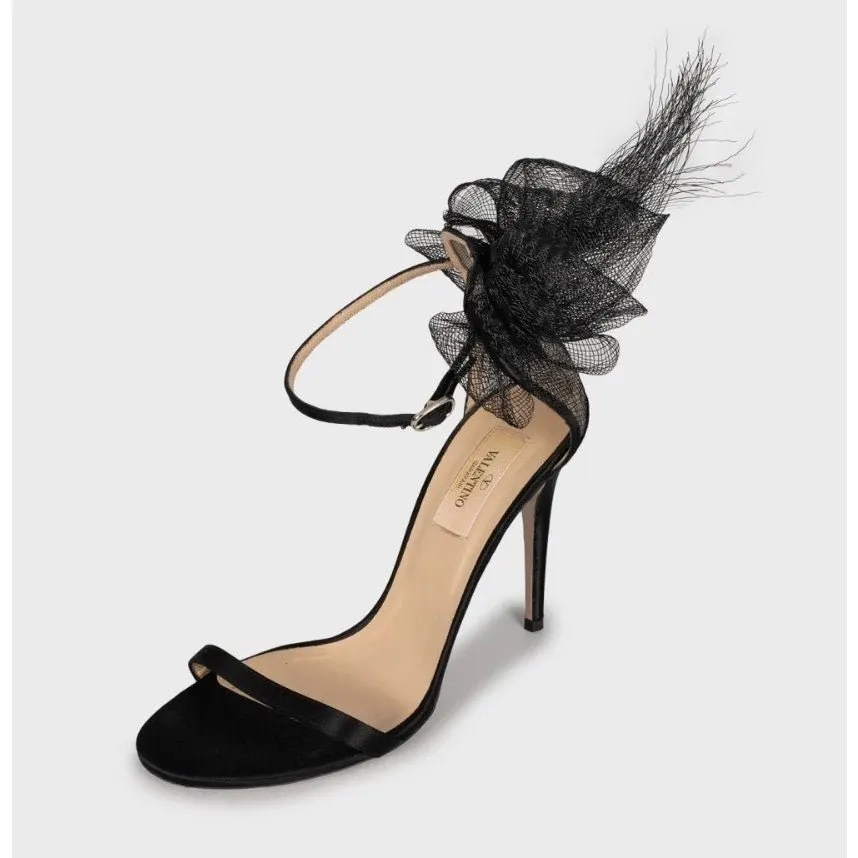 Valentino Black Suede Bow Stiletto Sandals Size 39 pre-owned Black Suede Good - Inside View