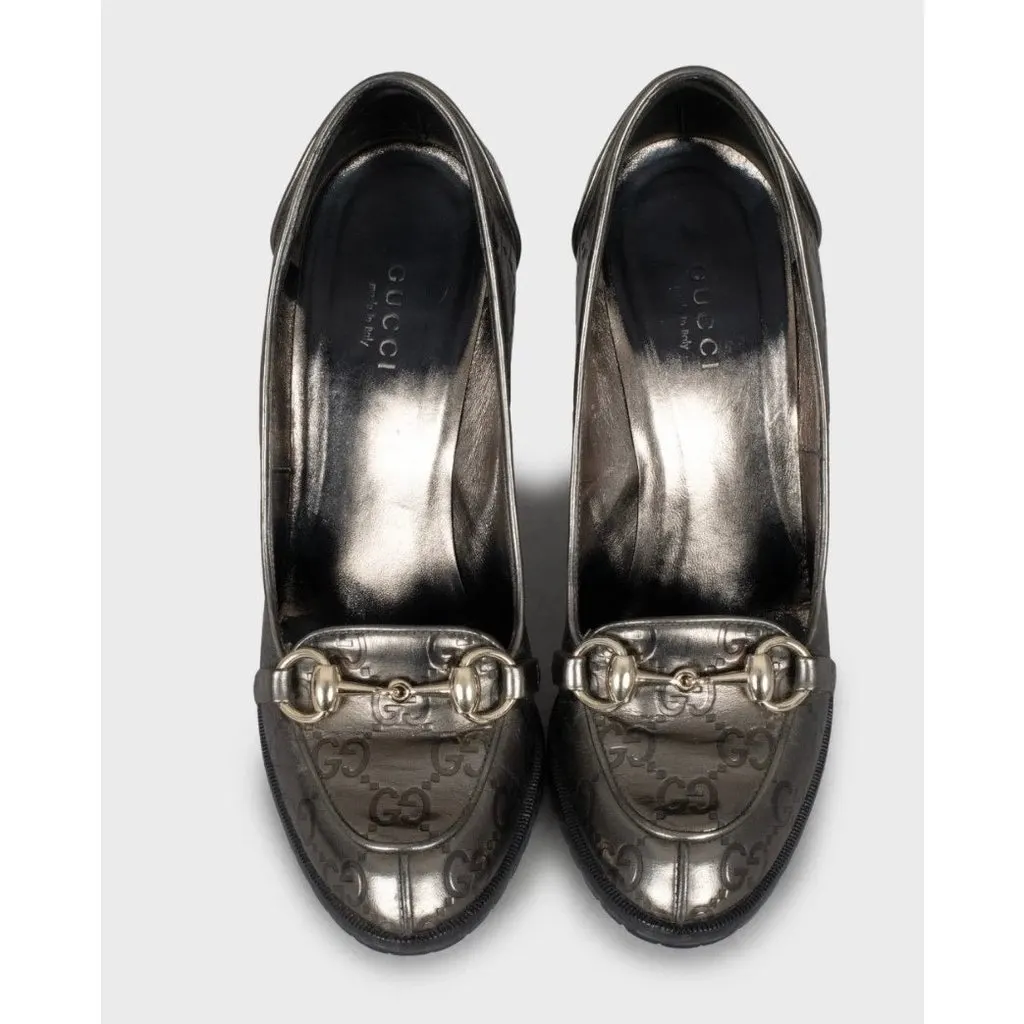 Gucci Silver Embossed Leather Wedge Sandals Sz.35 Pre-owned Silver Leather Good - Back View
