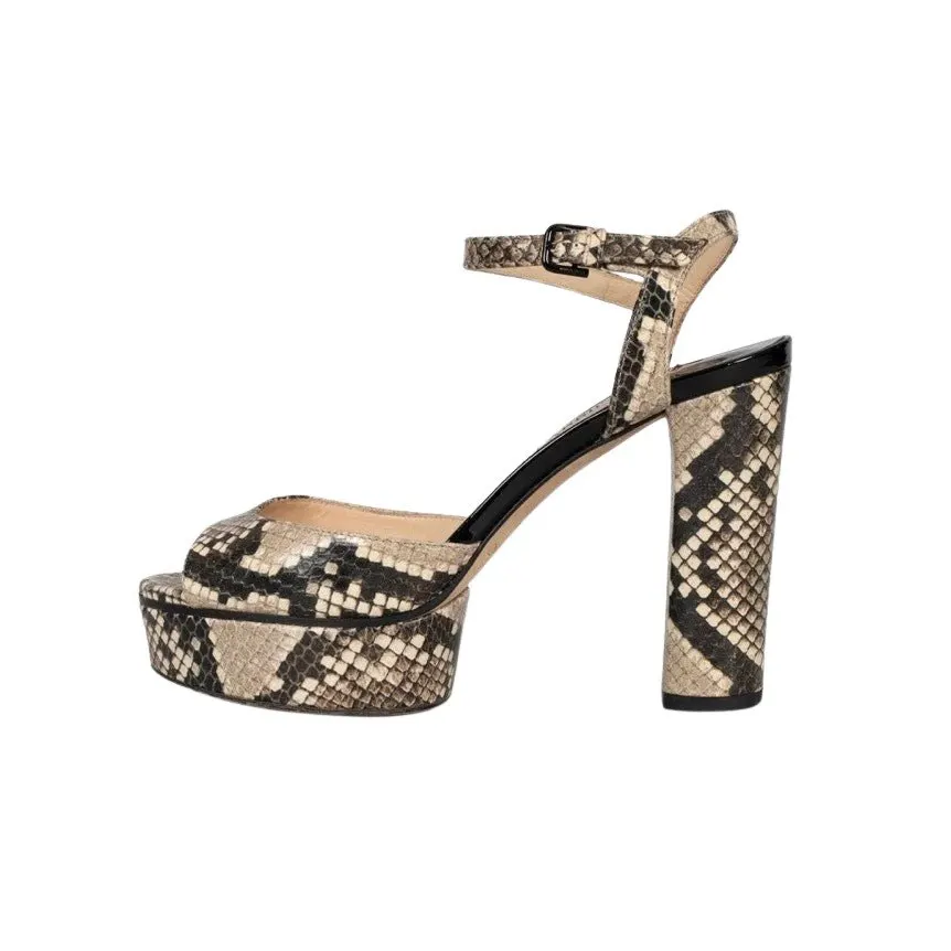 Jimmy Choo Jimmy Choo Animal Print Leather Block Heel Sandals 36 Pre-owned Beige Leather Good - Front View