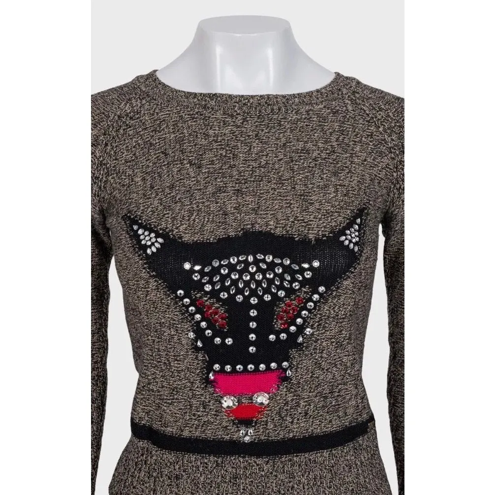 Sonia Rykiel Brown Crystal Embellished Wool Cashmere Sweater Sz.36 pre-owned Brown Wool Good - Model View