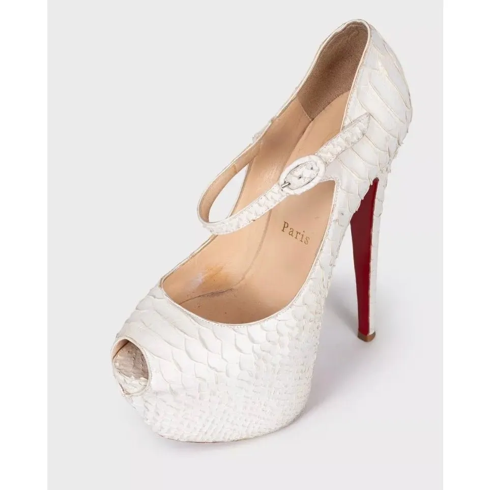 Christian Louboutin White Snakeskin print lambskin Peep Toe Pumps Sz.37.5 pre-owned White Leather Good - Inside View