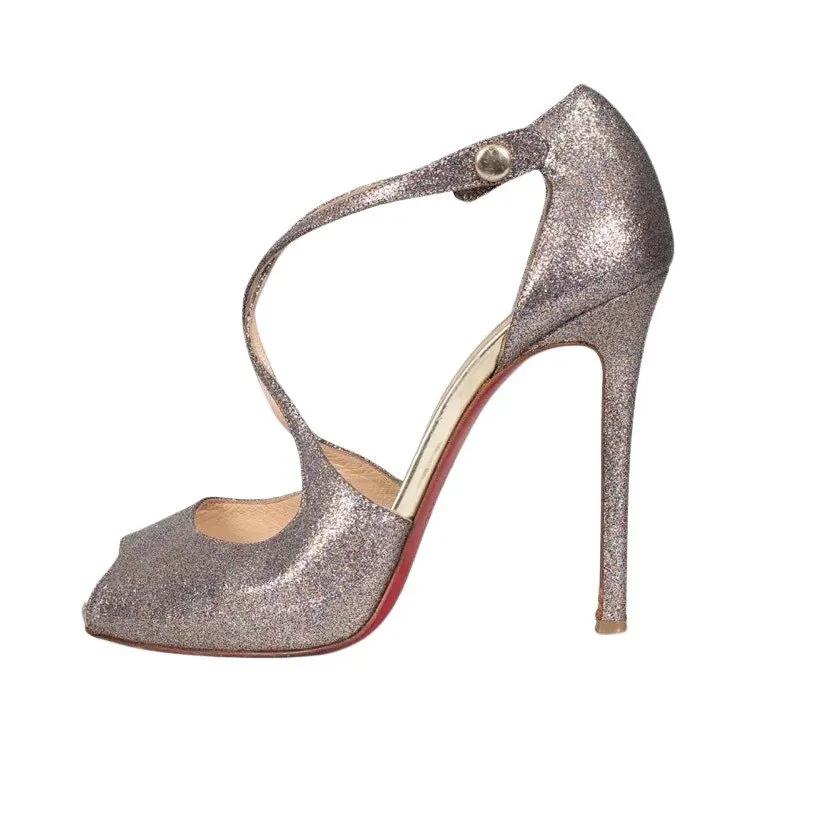Christian Louboutin Shiny Leather Button Heel Sandals 38.5 pre-owned Grey Leather Good - Front View