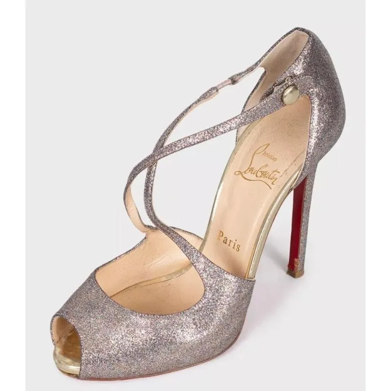 Christian Louboutin Shiny Leather Button Heel Sandals 38.5 pre-owned Grey Leather Good - Inside View