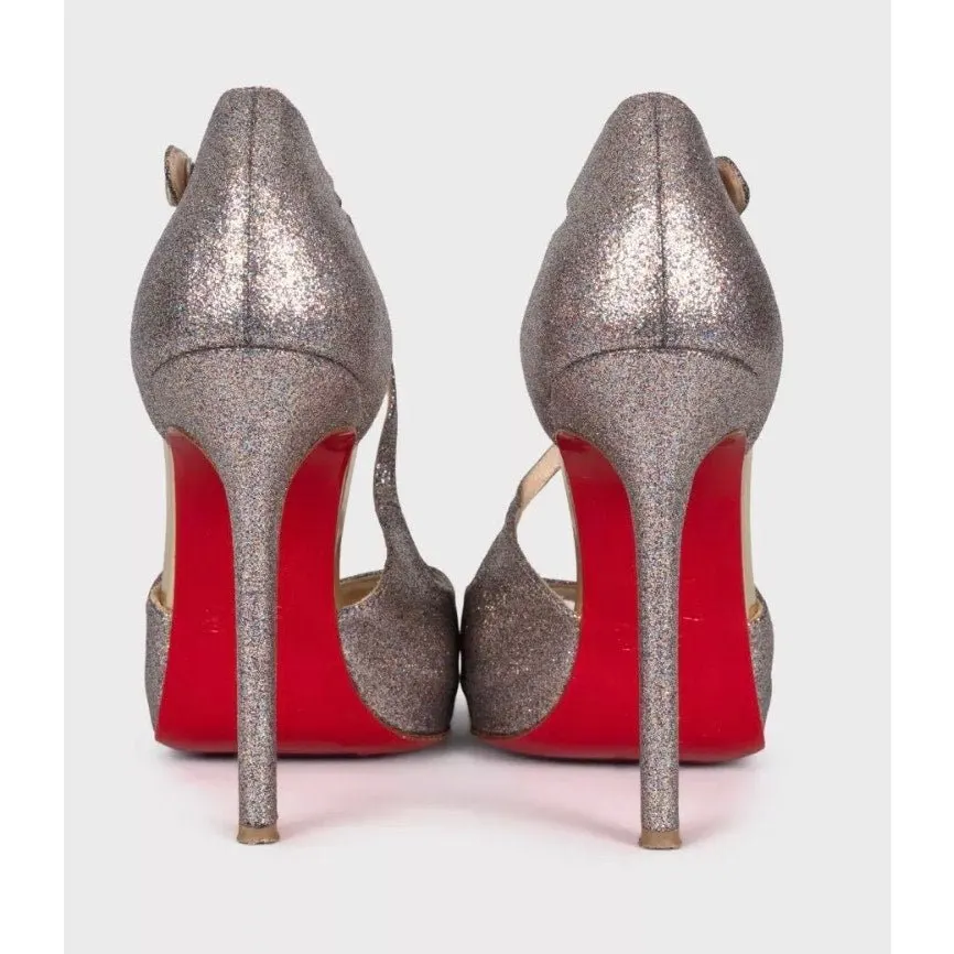 Christian Louboutin Shiny Leather Button Heel Sandals 38.5 pre-owned Grey Leather Good - Model View