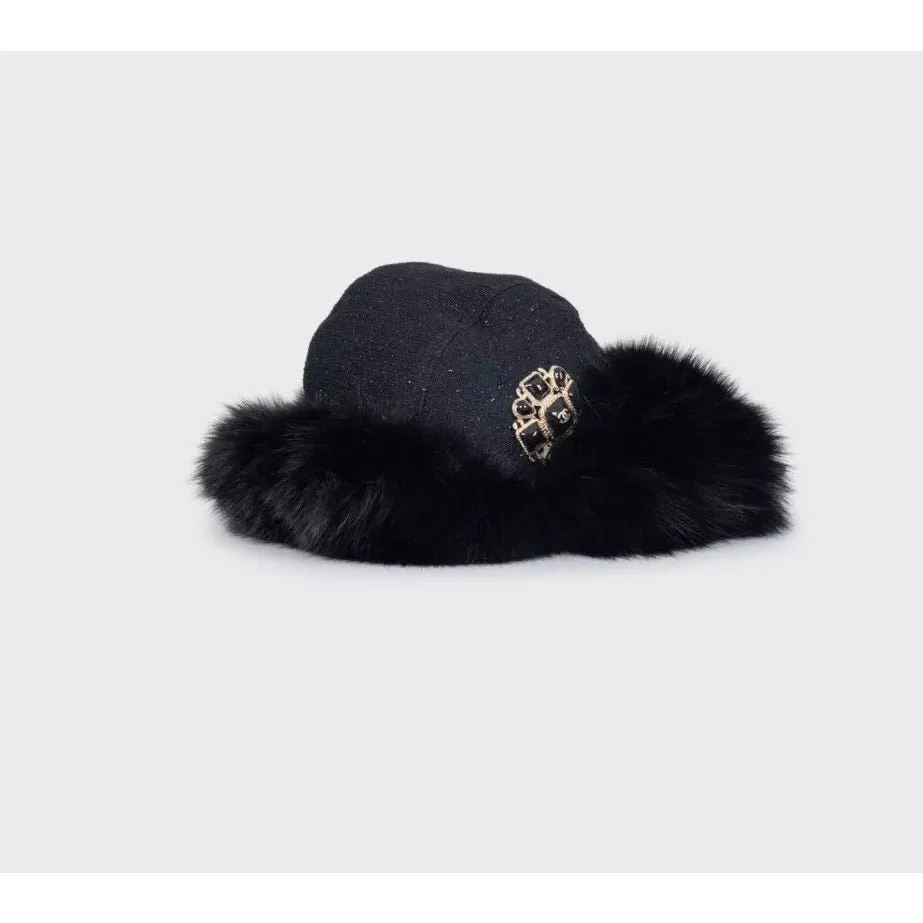 Chanel Chanel Black Faux Fur & Wool Hat Sz.57 Pre-owned Black Wool Good - Back View