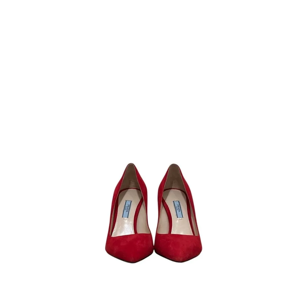 PRADA NWOB Prada Red Suede Pointed Toe Pumps  Sz.37.5 Pre-owned Red Suede Never worn - Back View