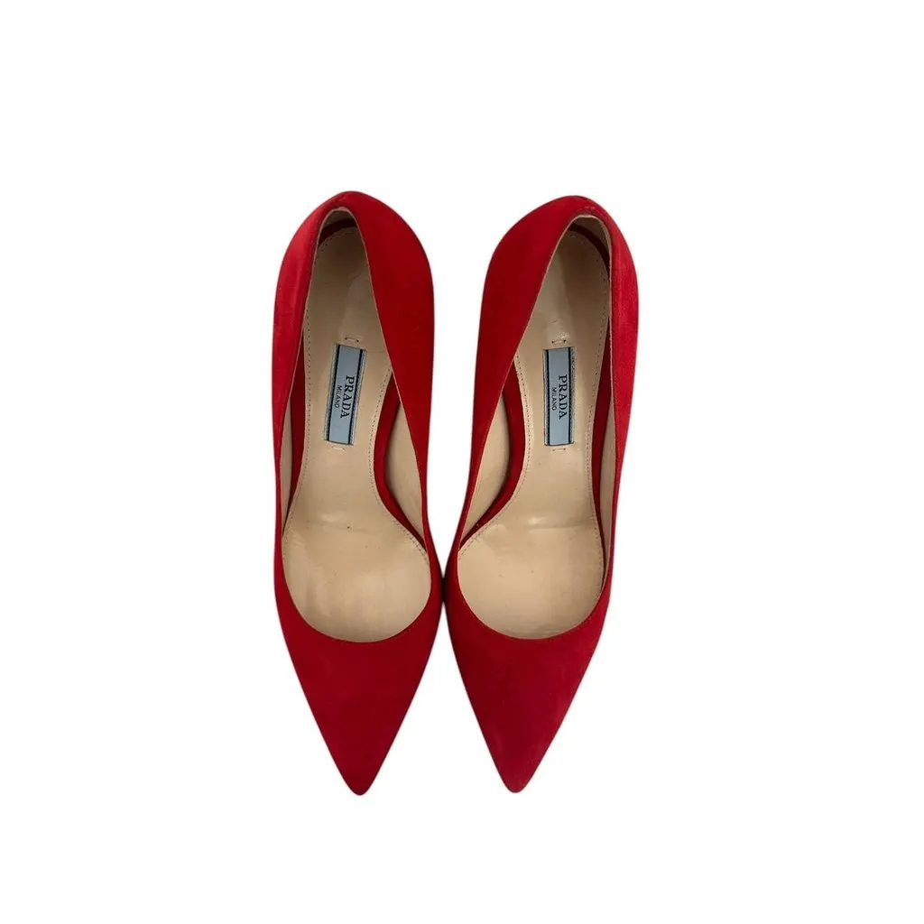PRADA NWOB Prada Red Suede Pointed Toe Pumps  Sz.37.5 Pre-owned Red Suede Never worn - Inside View