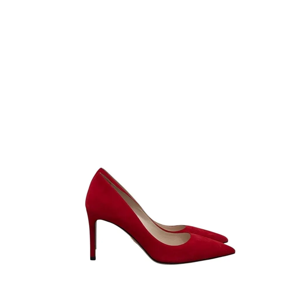 PRADA NWOB Prada Red Suede Pointed Toe Pumps  Sz.37.5 Pre-owned Red Suede Never worn - Model View