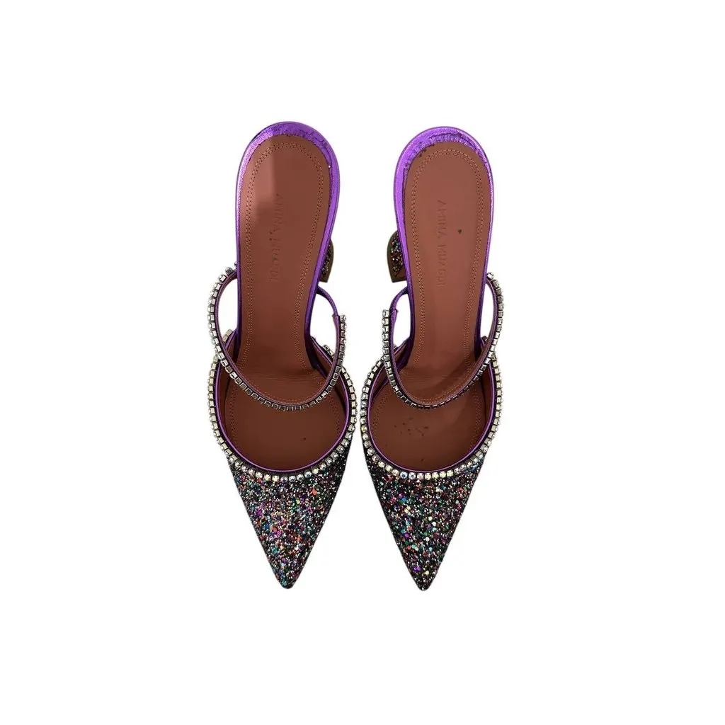 Amina Muaddi Gilda Multicolor Glitter Leather Mules Sz 39.5 Red Leather Never worn - Inside View