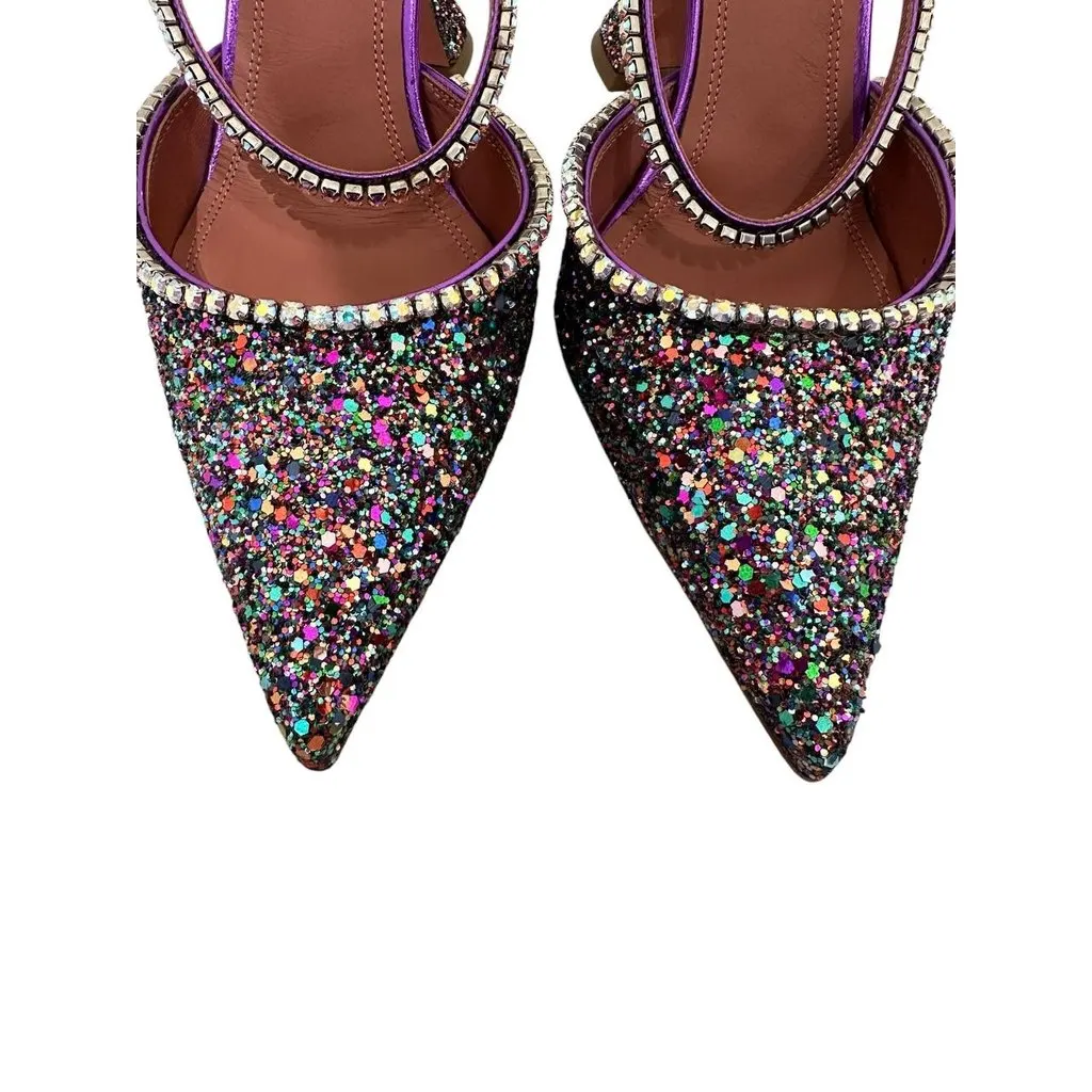 Amina Muaddi Gilda Multicolor Glitter Leather Mules Sz 39.5 Red Leather Never worn - Box View