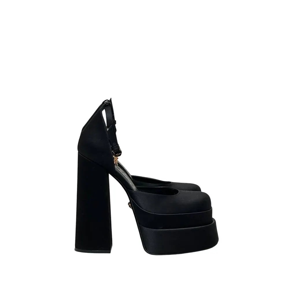 Versace Versace La Medusa Crystal Satin Block Heel Pumps Sz 38 pre-owned Black Satin Good - Back View