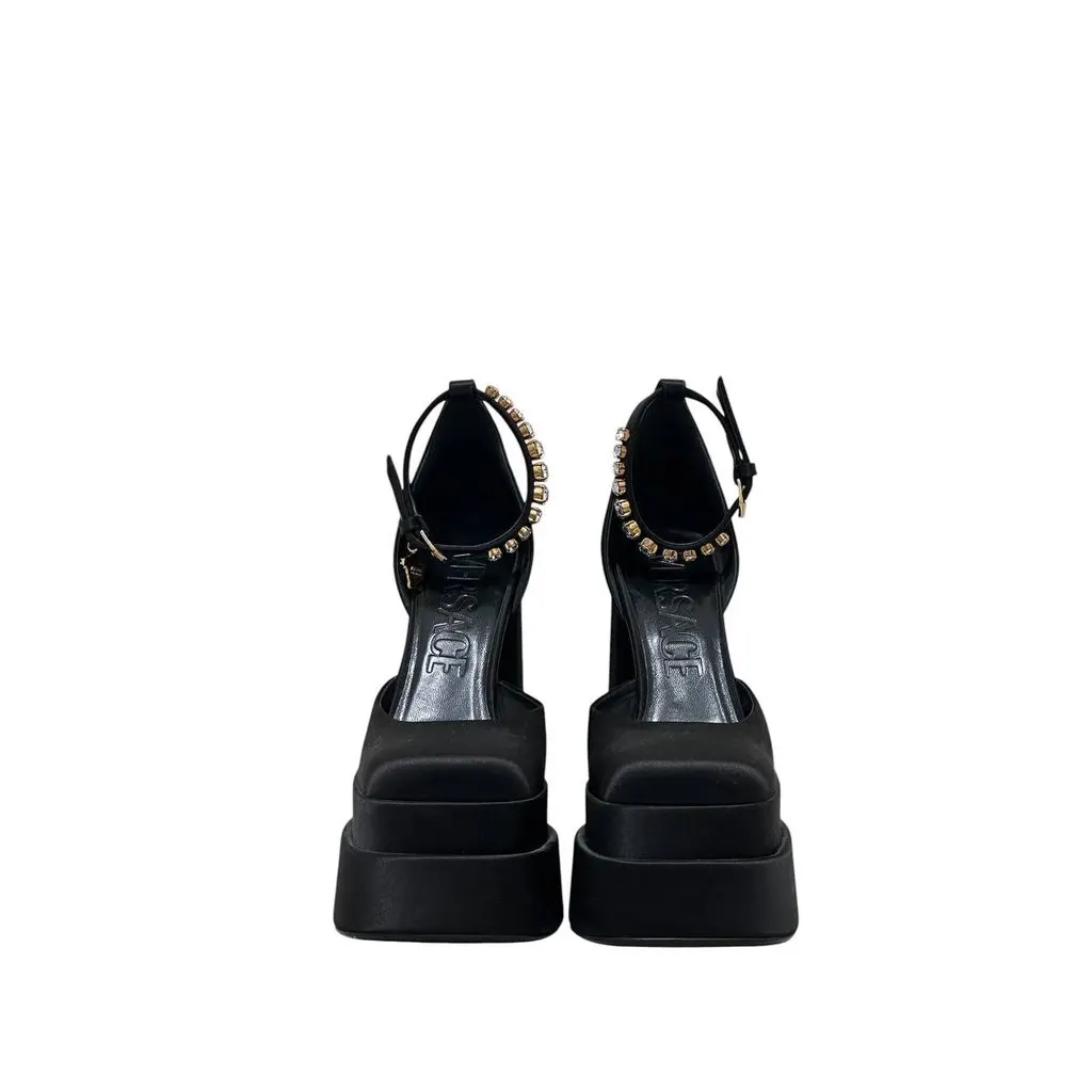 Versace Versace La Medusa Crystal Satin Block Heel Pumps Sz 38 pre-owned Black Satin Good - Inside View