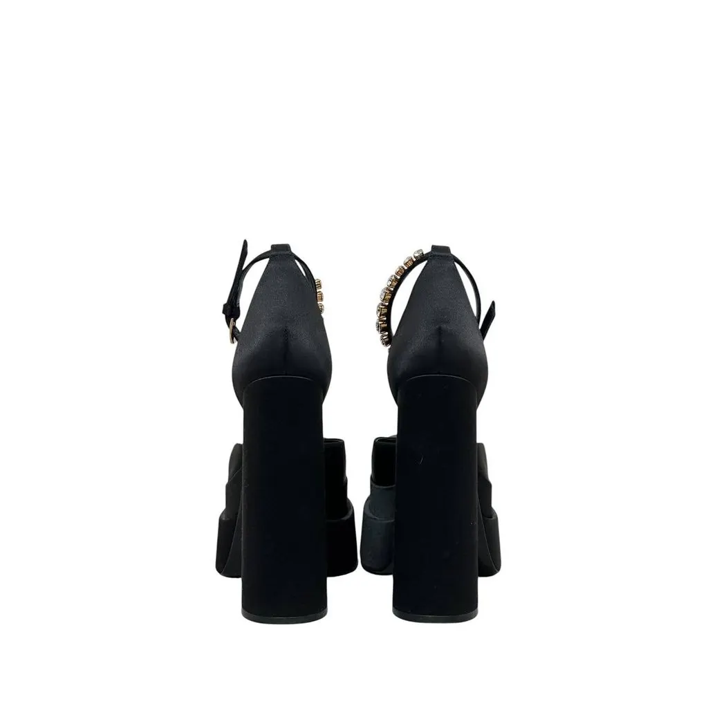 Versace Versace La Medusa Crystal Satin Block Heel Pumps Sz 38 pre-owned Black Satin Good - Model View