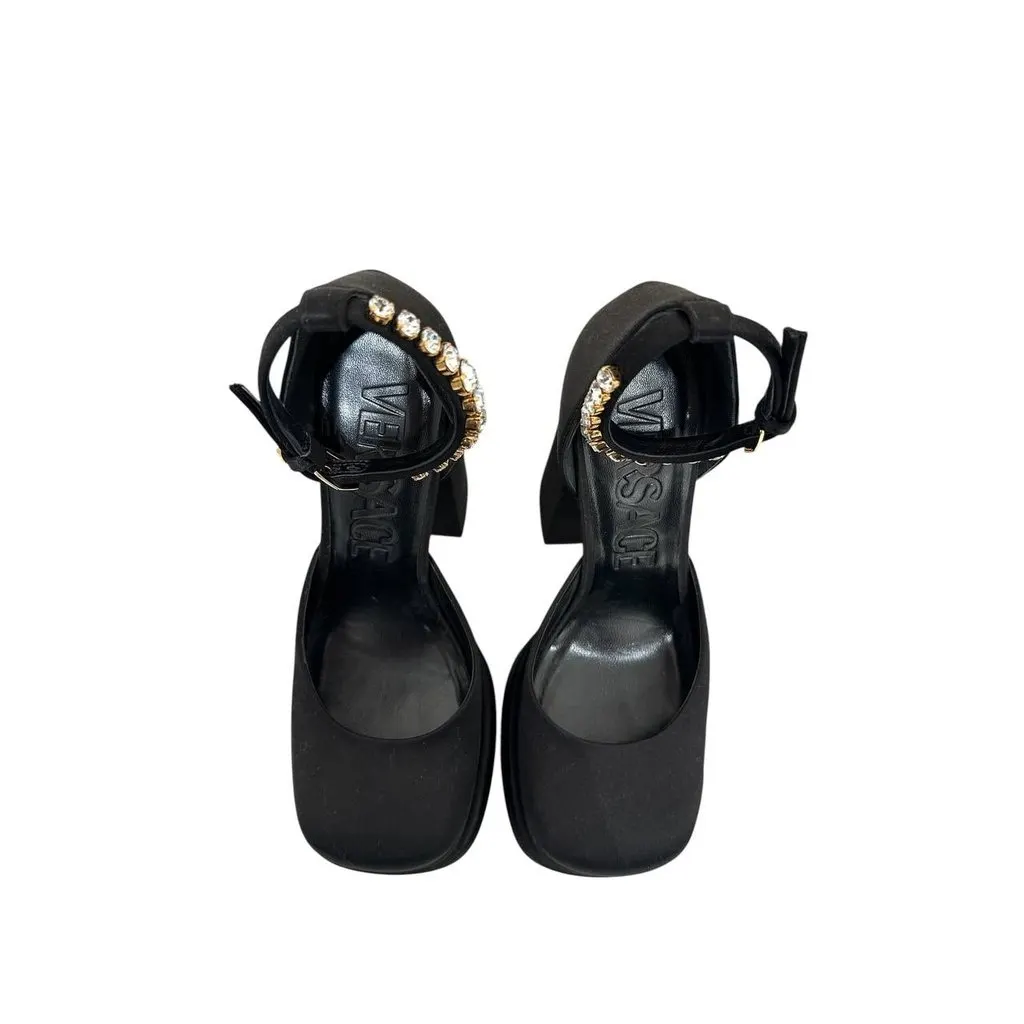 Versace Versace La Medusa Crystal Satin Block Heel Pumps Sz 38 pre-owned Black Satin Good - Box View