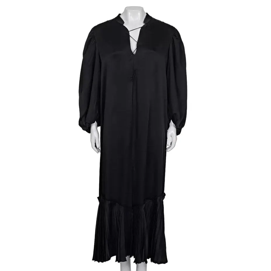 Khaite Black Lace-Up Maxi Dramatic Puff Sleeves Dress Sz.L pre-owned Black Lace Good - Front View