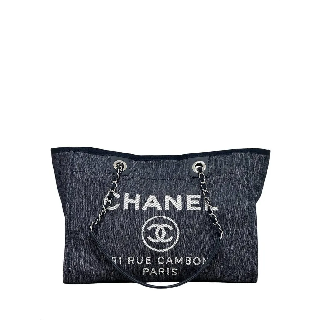 Chanel Deauville Large Denim Canvas Tote Bag Pre-owned Navy Denim Good - Front View