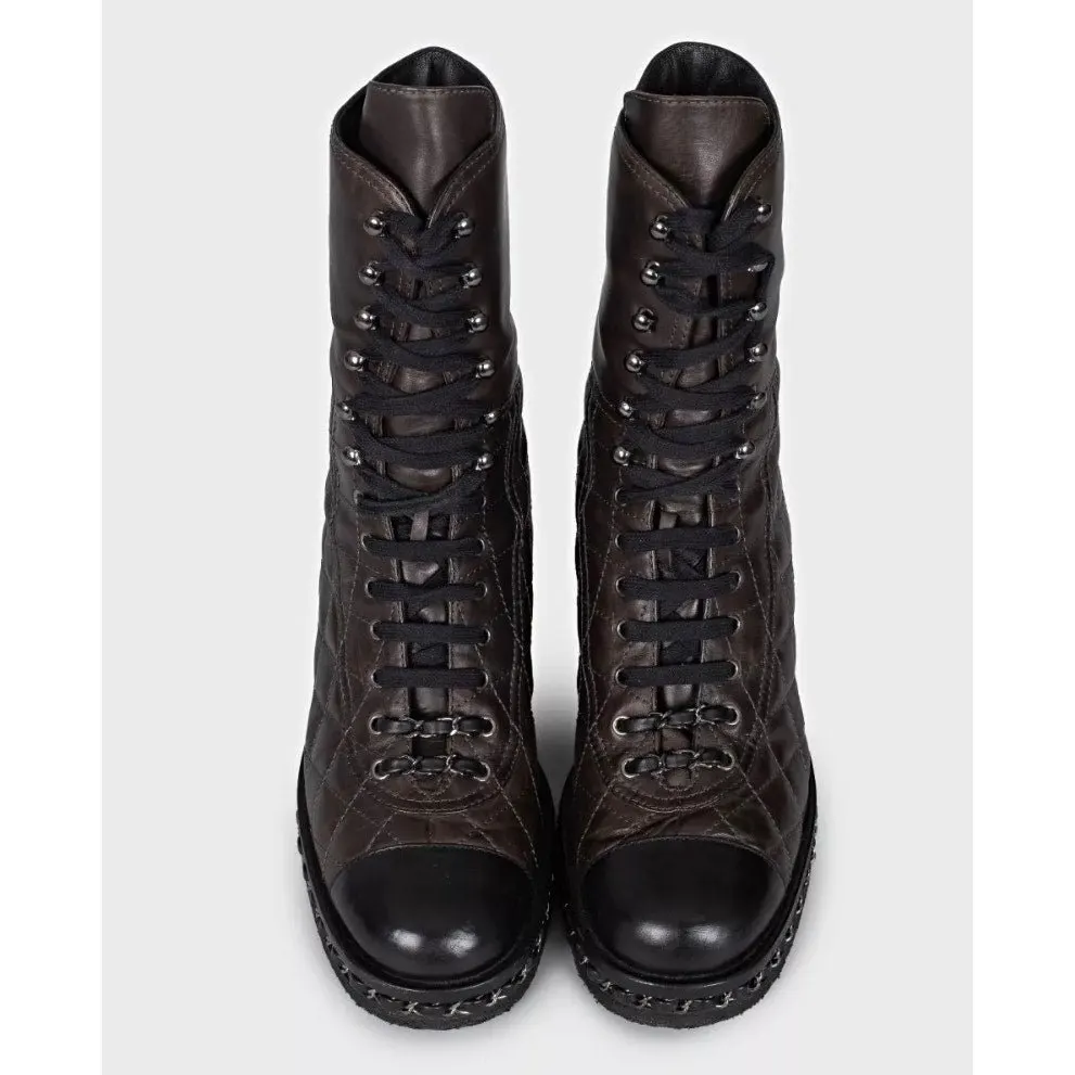 Chanel Brown Quilted Leather Lace-Up Boots - Size 8/38 Pre-owned Brown Leather Good - Back View
