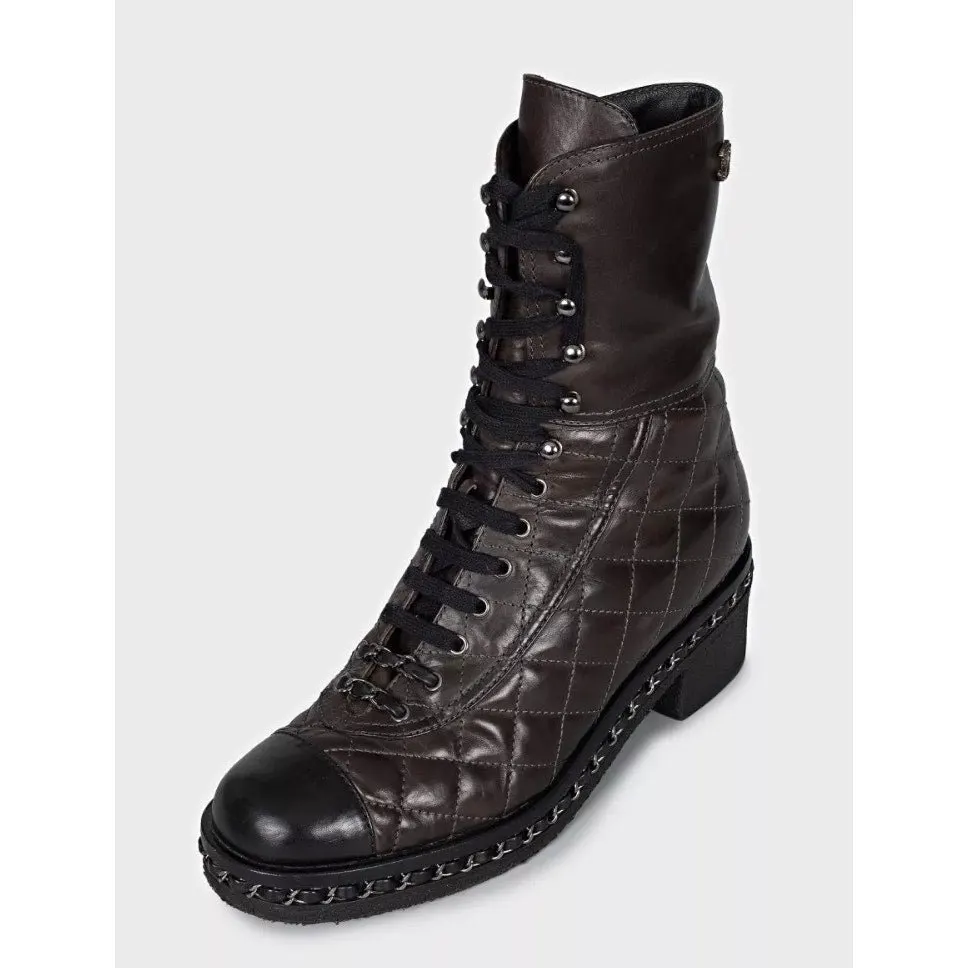Chanel Brown Quilted Leather Lace-Up Boots - Size 8/38 Pre-owned Brown Leather Good - Inside View