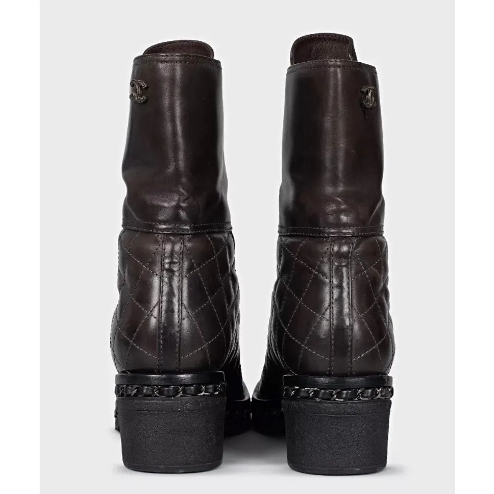 Chanel Brown Quilted Leather Lace-Up Boots - Size 8/38 Pre-owned Brown Leather Good - Model View