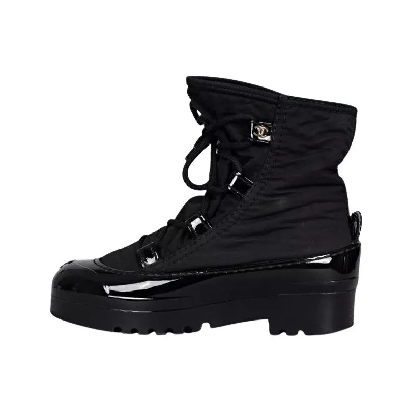 Chanel Black Lace-Up Boots - Size 37 Pre-owned Black Lace Good - Front View